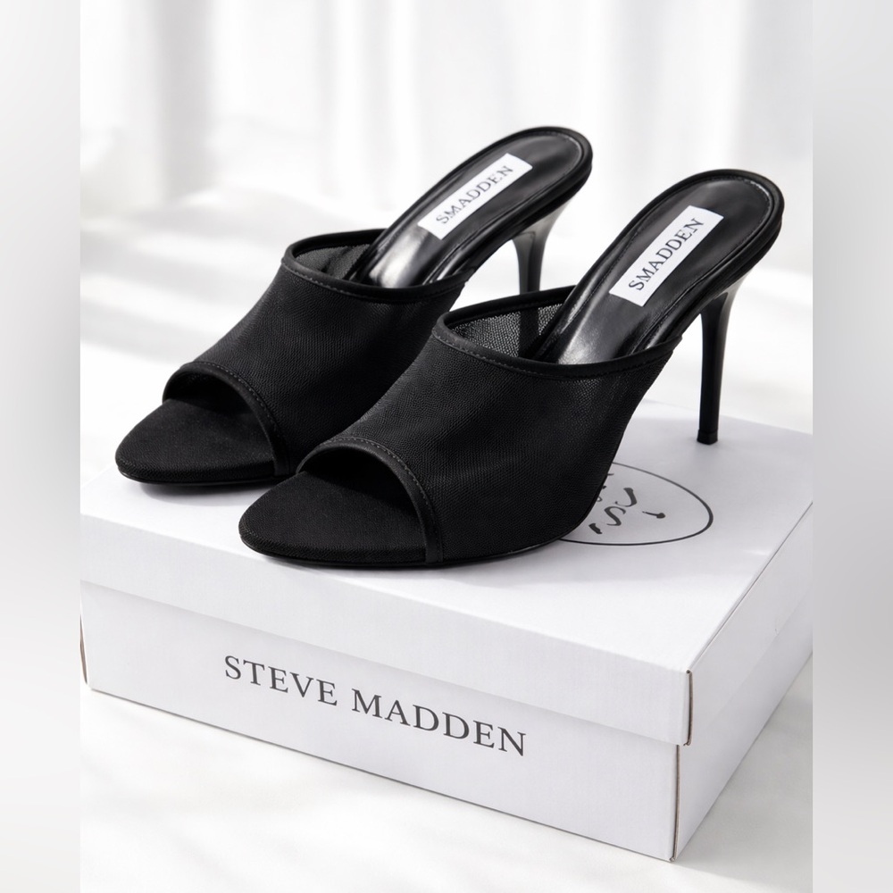 Steve Madden Black Mesh Mule Heels Size 8 Stiletto Sandals w/ Box